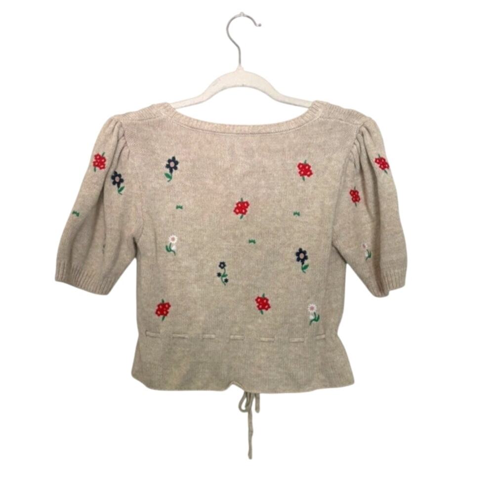 Kimchi Blue Floral Embroidered Cropped Cardigan Small Cottagecore Puff Sleeve - Picture 2 of 6